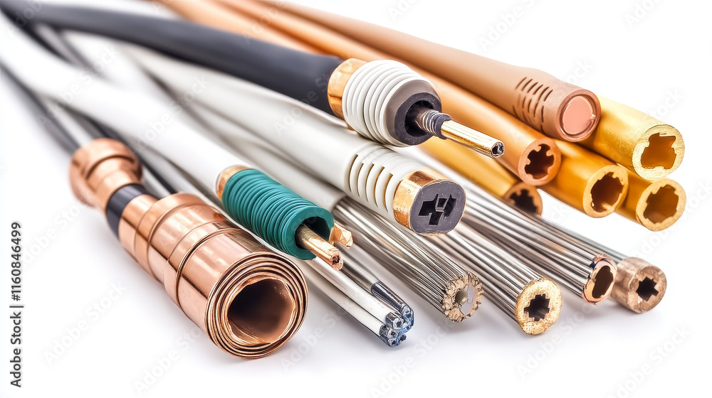 Cables and wires realistic vector of electrical power, network, television and telephone. Energy cables with insulated copper conductors, twisted pairs, multicore coaxial and fiber optic wires Cables and wires realistic vector of electrical power, network, television and telephone. Energy cables with insulated copper conductors, twisted pairs, multicore coaxial and fiber optic wires