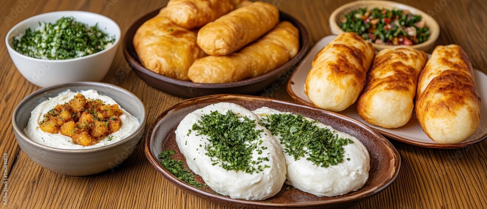 Traditional Middle Eastern breakfast spread with freshly baked bread rolls, creamy dips, and vibrant garnishes, displayed on a rustic wooden table Traditional Middle Eastern breakfast spread with freshly baked bread rolls, creamy dips, and vibrant garnishes, displayed on a rustic wooden table