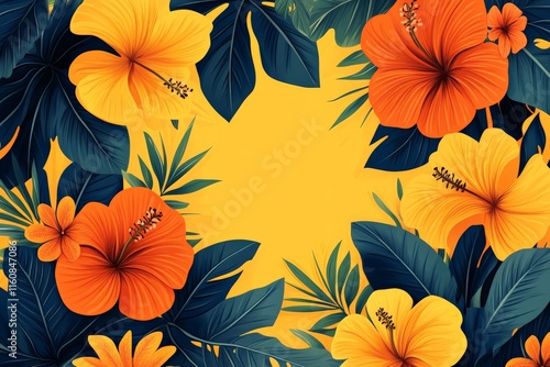 Vibrant tropical flowers create a stunning floral border on a bright yellow background