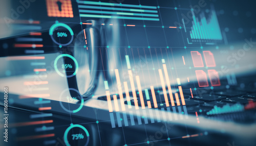 Financial charts and data overlay on a blurry background of glasses and a keyboard, showcasing a modern market analysis concept. photo