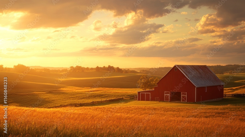 Red barn in golden sunset farmland.