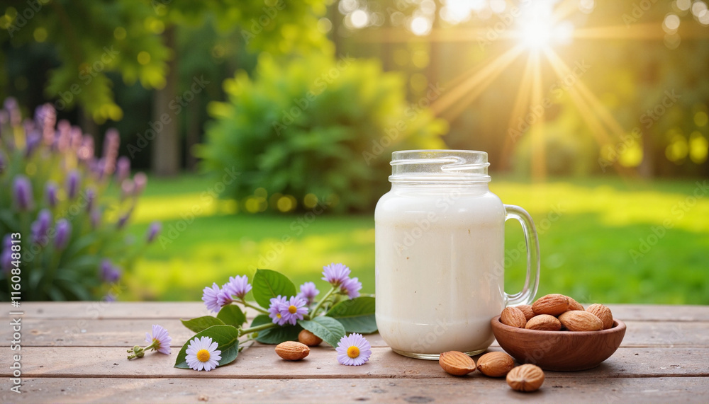Almond milk in a glass jar next to a bowl of almonds in a sunny outdoor setting Almond milk in a glass jar next to a bowl of almonds in a sunny outdoor setting
