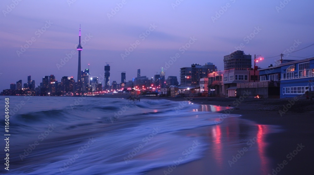 Naklejka premium City skyline at twilight, beach waves, reflections.