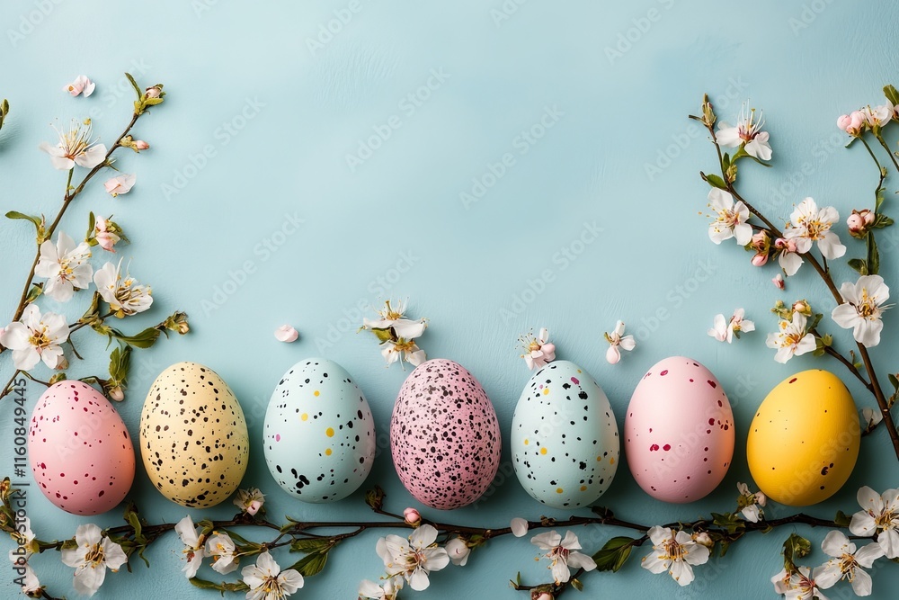 Obraz premium Colorful decorated eggs arranged with cherry blossom branches on a pastel blue background for a festive spring celebration