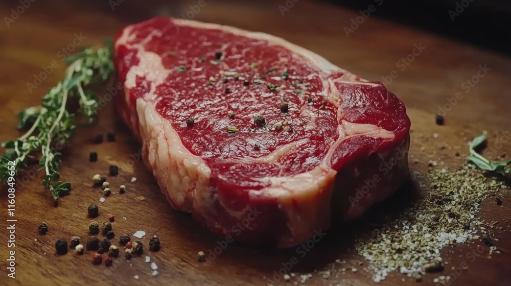 Fresh Raw Ribeye Steak with Herbs and Pepper on Wooden Board Fresh Raw Ribeye Steak with Herbs and Pepper on Wooden Board