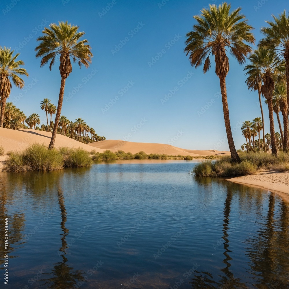 Obraz premium A lake at the edge of a desert oasis, surrounded by palm trees, golden sand dunes, and a brilliant blue sky.