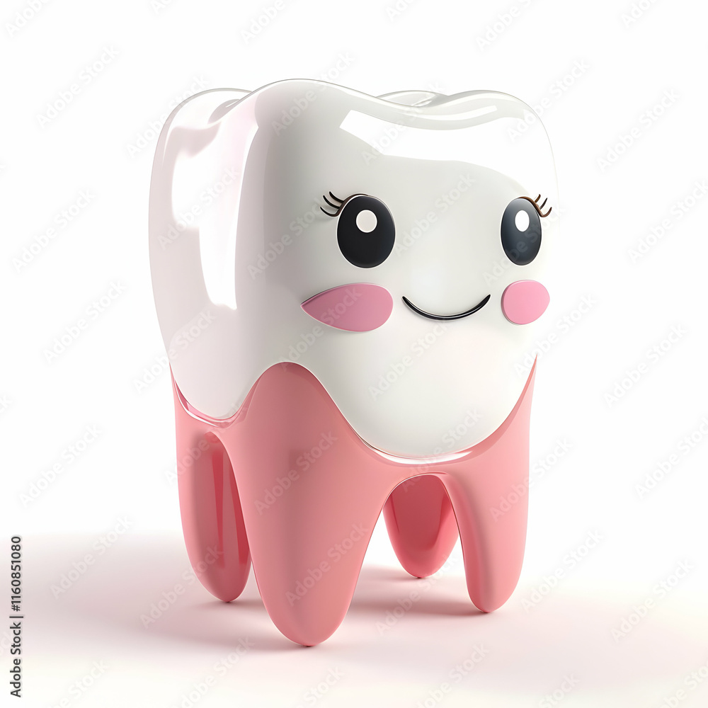 Cute Cartoon Tooth Character with Smile and Pink Base Cute Cartoon Tooth Character with Smile and Pink Base