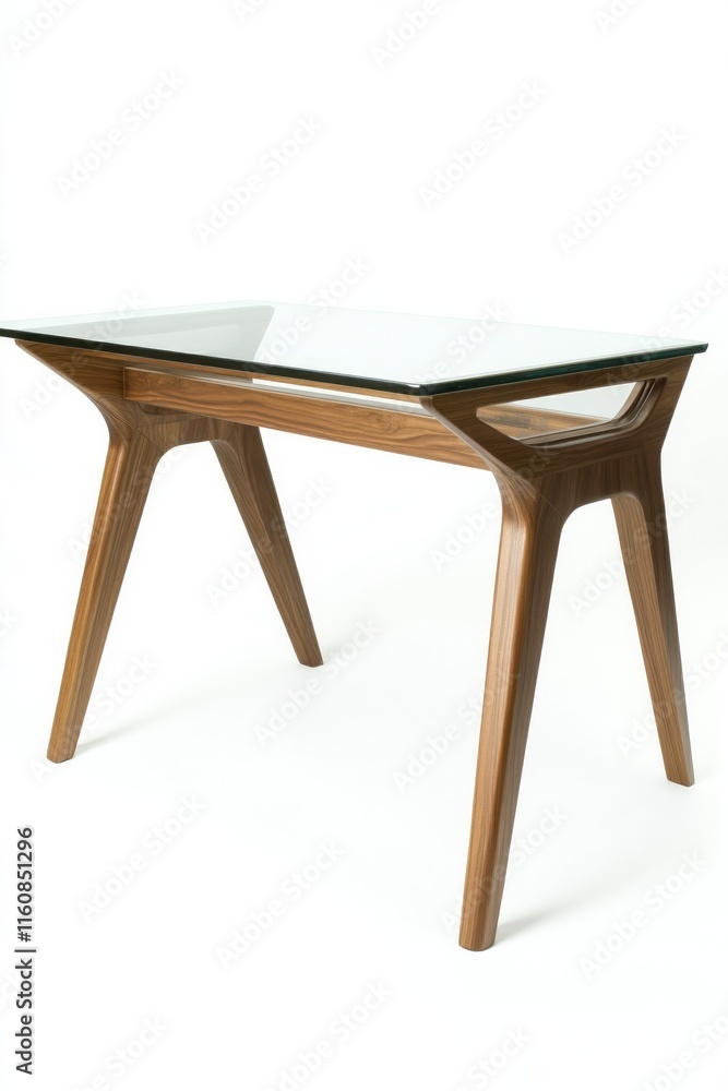 Sleek wooden table features elegant glass top and uniquely shape Sleek wooden table features elegant glass top and uniquely shape