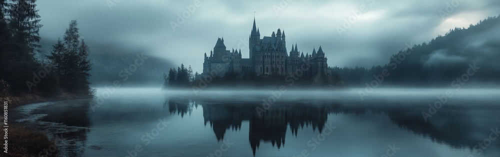 Fototapeta premium Haunted Gothic castle surrounded by fog in eerie setting