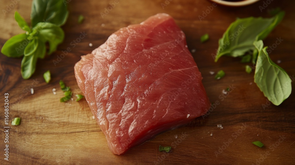 Fresh Raw Tuna Steak on Wooden Surface with Basil Leaves Fresh Raw Tuna Steak on Wooden Surface with Basil Leaves
