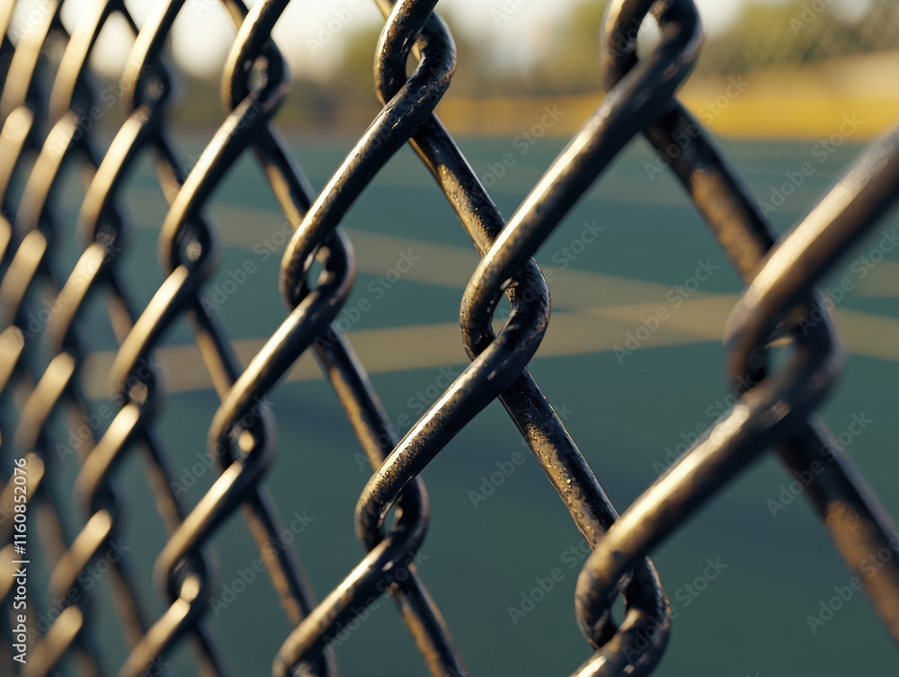 Close-Up of Metallic Chain-Link Fence on Tennis Court Background Close-Up of Metallic Chain-Link Fence on Tennis Court Background