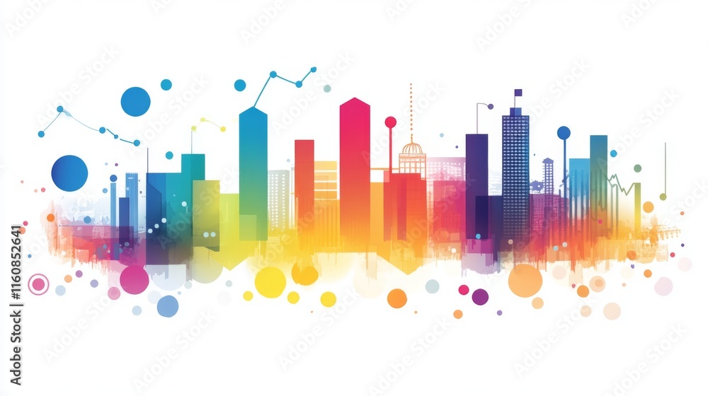 Vibrant City Skyline with Colorful Abstract Design and Geometric Shapes Vibrant City Skyline with Colorful Abstract Design and Geometric Shapes