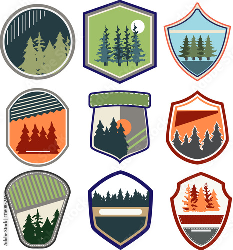 retro forest badge set cartoon. nature wilderness, adventure outdoors, hiking exploration retro forest badge sign. isolated symbol vector illustration