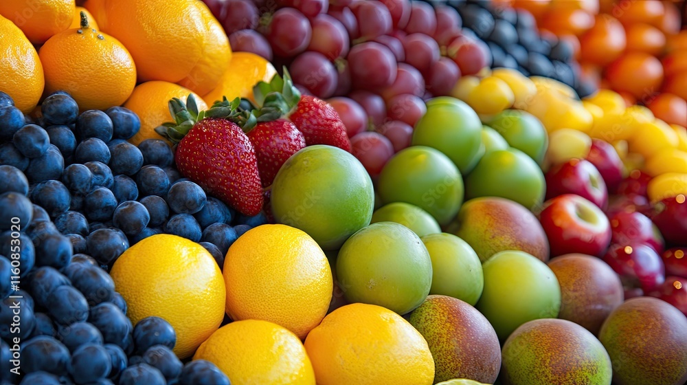 Vibrant assortment of fresh fruits, including blueberries, strawberries, grapes, oranges, plums, and apricots, arranged in colorful rows.