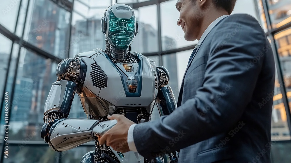 Futuristic Businessman in Suit Shaking Hands with Advanced Robot in a Contemporary Office Setting Representing the Between Humans and Intelligence in the Corporate World of the Future Futuristic Businessman in Suit Shaking Hands with Advanced Robot in a Contemporary Office Setting Representing the Between Humans and Intelligence in the Corporate World of the Future
