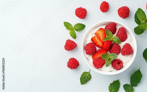 Fresh fruit bowl with strawberries, raspberries, and mint on a light surface, showcasing a bright and nutrient packed breakfast option for a healthy lifestyle photo