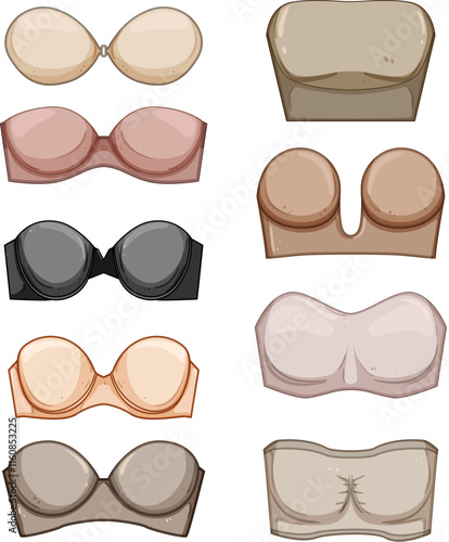 strapless bra set cartoon. seamless underwire, bandeau convertible, up adhesive strapless bra sign. isolated symbol vector illustration
