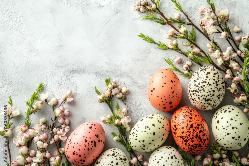 Obraz premium Colorful speckled eggs surrounded by delicate flowers on a textured surface during spring celebration