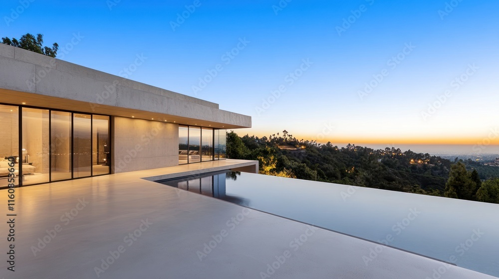 Modern architecture with an infinity pool overlooking a sunset view. Modern architecture with an infinity pool overlooking a sunset view.
