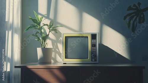 Retro Television Set On Wooden Furniture With Plants photo