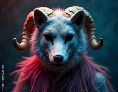 Mystical White Wolf Mask: Ram Horns, Pink Fur, Dramatic Lighting photo