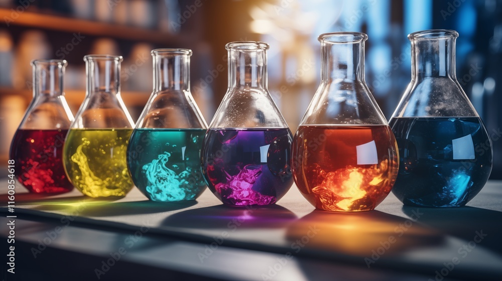 A close-up of a laboratory glassware with color, golden hour lighting, space on the right for branding,generative ai illustration A close-up of a laboratory glassware with color, golden hour lighting, space on the right for branding,generative ai illustration