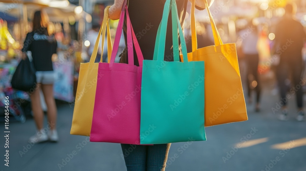 Colorful Tote Bags Being Carried by People at a Local Market, perfect for shopping and lifestyle concepts Colorful Tote Bags Being Carried by People at a Local Market, perfect for shopping and lifestyle concepts