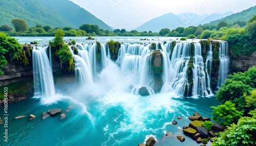 An Abstract Oil Painting, Vivid Mountain Sunrise, Waterfall and Rivers
