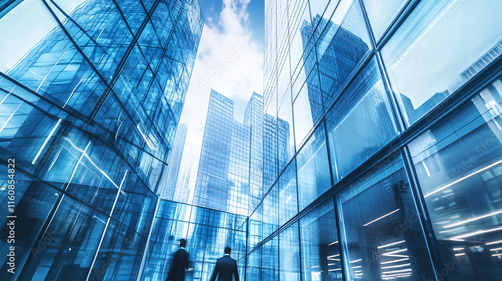 Obraz premium Modern skyscrapers create a striking urban landscape under a bright blue sky