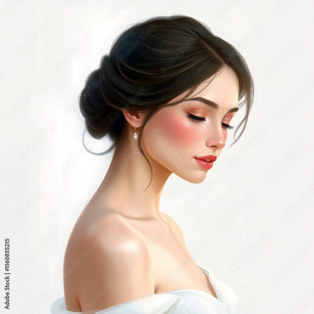 Digital Portrait Of Elegant Bride In Profile With Classic Updo And Natural Makeup Digital Portrait Of Elegant Bride In Profile With Classic Updo And Natural Makeup