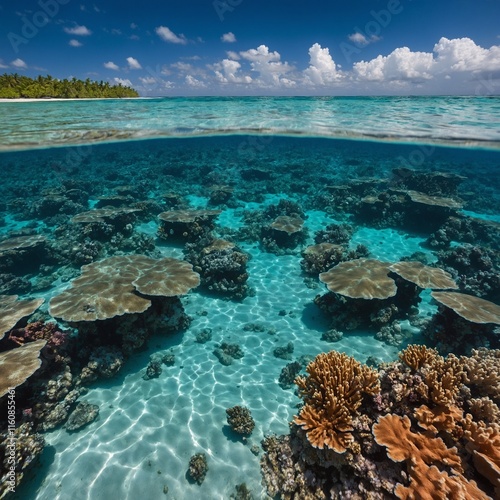 Wallpaper Mural A tropical beach with vibrant coral reefs visible through the clear shallow water. Torontodigital.ca