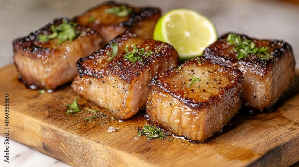 Savory Grilled Pork Belly Pieces with Fresh Lime and Herbs Savory Grilled Pork Belly Pieces with Fresh Lime and Herbs