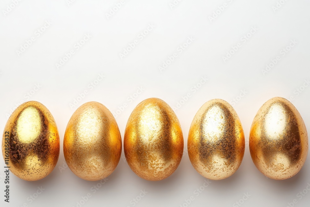 Decorative golden eggs arranged in a line for festive celebrations during spring season Decorative golden eggs arranged in a line for festive celebrations during spring season