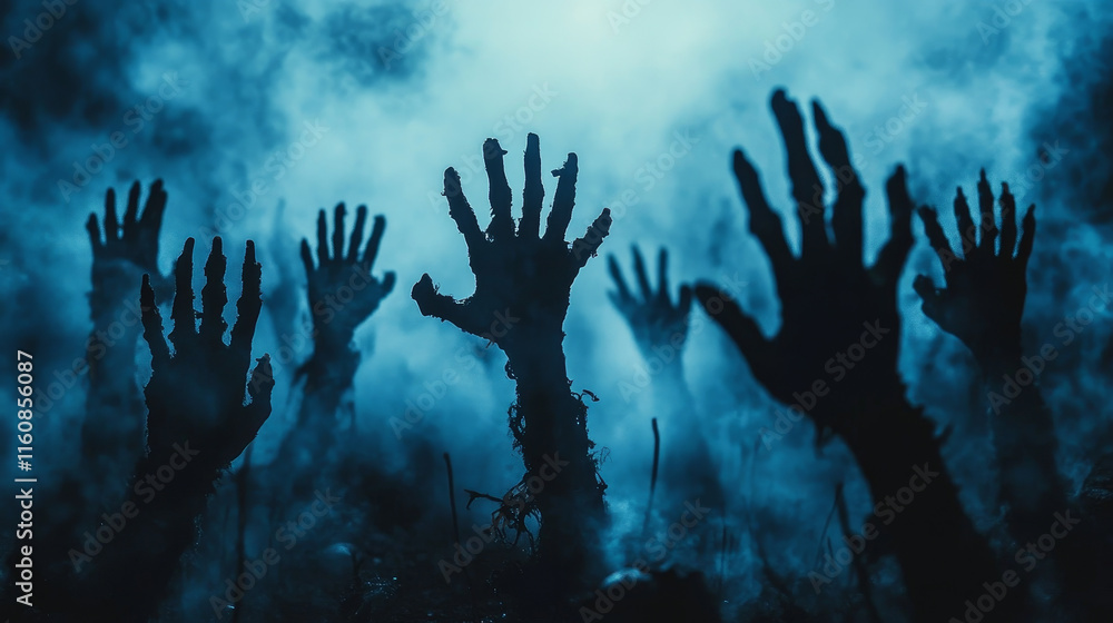 Halloween zombie hands silhouettes. Isolated vector set of spooky arms, sticking out of the ground, capturing eerie and chilling vibes, for creating a haunting atmosphere and adding a touch of horror Halloween zombie hands silhouettes. Isolated vector set of spooky arms, sticking out of the ground, capturing eerie and chilling vibes, for creating a haunting atmosphere and adding a touch of horror