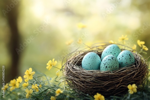 Colorful speckled eggs in a nest surrounded by vibrant yellow flowers in a serene natural setting