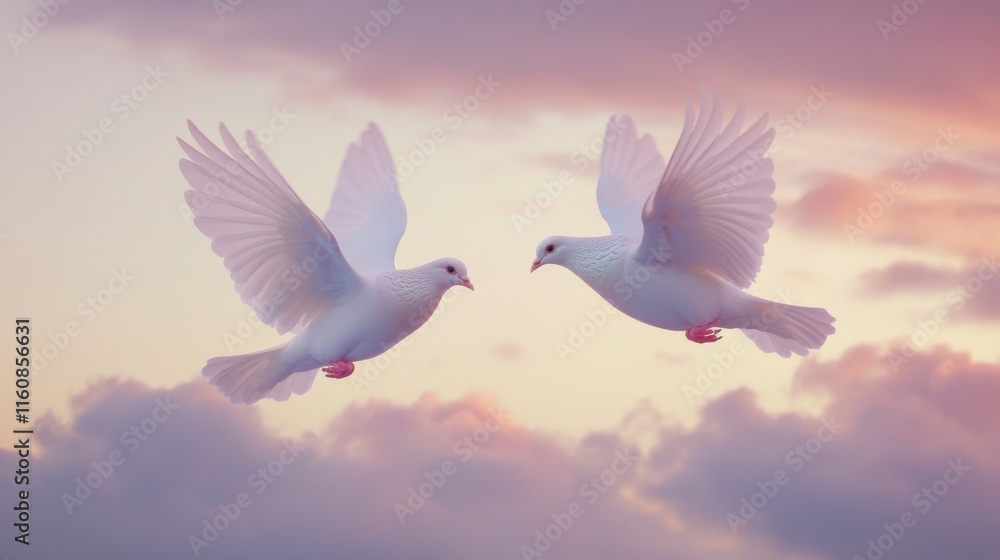 Obraz premium Serene Flight of Two White Doves Against Dreamy Sunset Sky