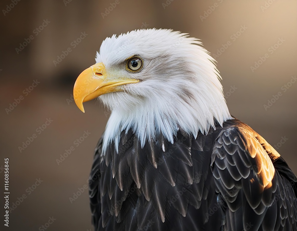 Obraz premium Bald eagle close up in sunlight. Majestic bird of prey watching out