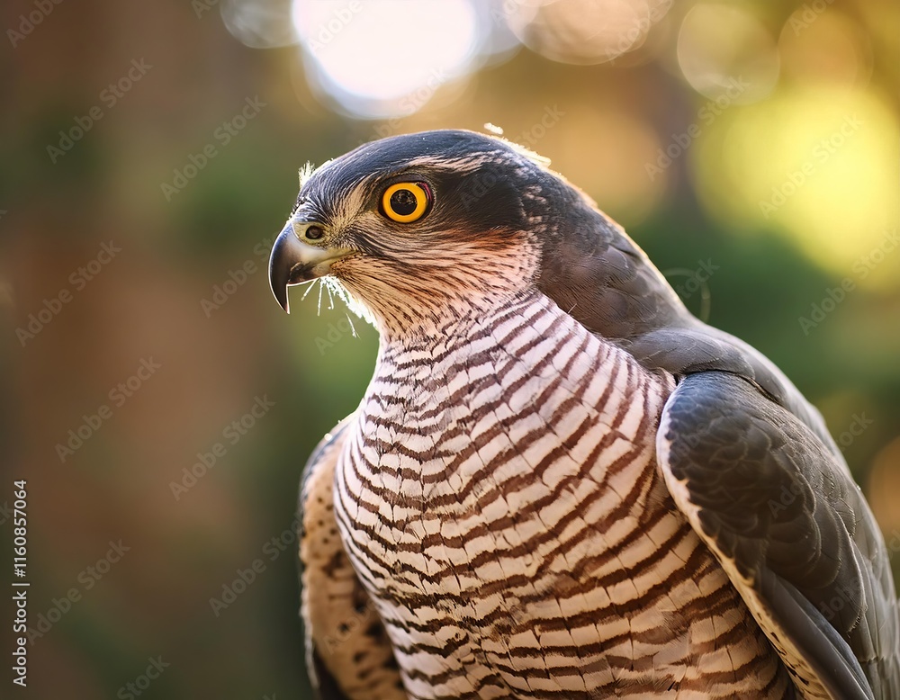 Sparrowhawk in forest with blurry background. European big bird of prey Sparrowhawk in forest with blurry background. European big bird of prey