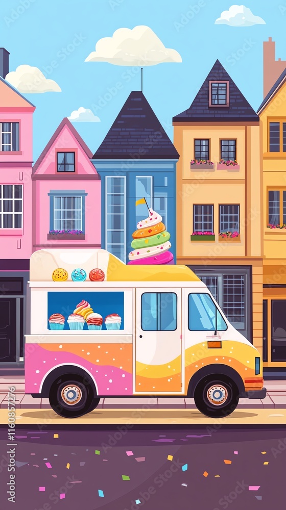 Obraz premium Colorful ice cream truck parked on a street with pastel-colored houses.