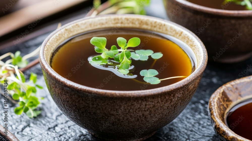 Fresh Herbal Tea in Rustic Bowl with Green Garnish on Dark Background Fresh Herbal Tea in Rustic Bowl with Green Garnish on Dark Background