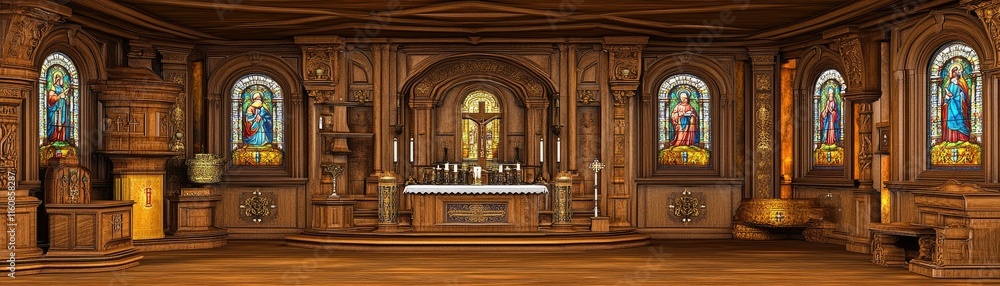 Fototapeta premium Interior of a wooden chapel featuring stained glass windows and an altar.