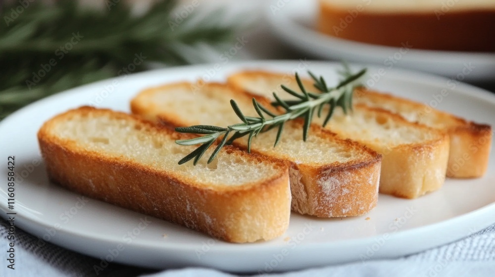 Slices of Toast with Fresh Rosemary on a White Plate Slices of Toast with Fresh Rosemary on a White Plate