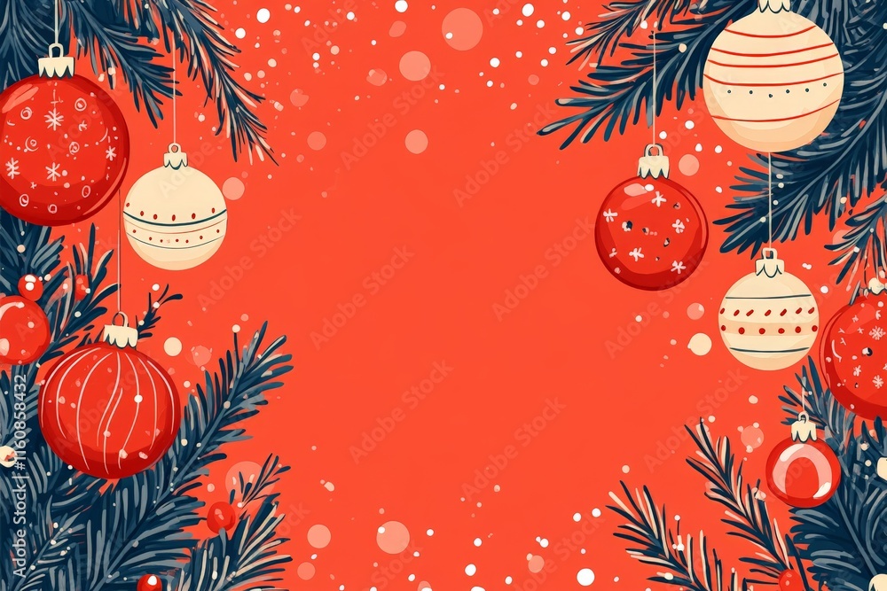 Bright red holiday background adorned with decorative ornaments and pine branches Bright red holiday background adorned with decorative ornaments and pine branches