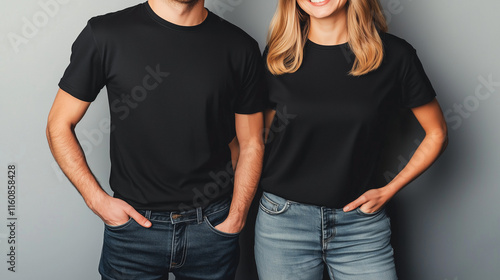 black t-shirt front and back mockup used as design template, isolated on background. 
