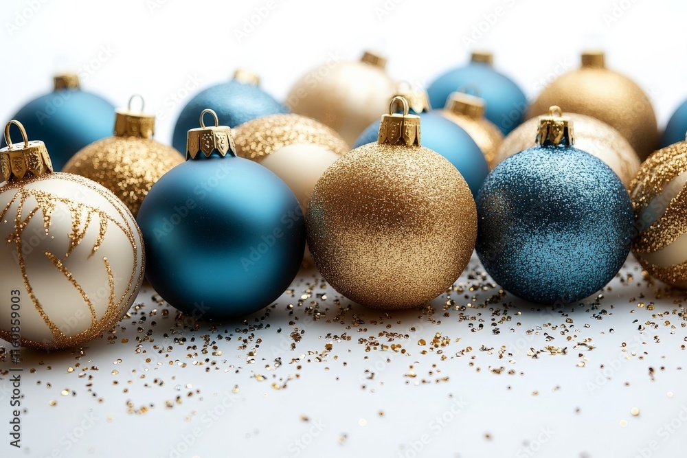 Decorative Christmas ornaments in blue and gold arranged on a white surface during the festive season Decorative Christmas ornaments in blue and gold arranged on a white surface during the festive season
