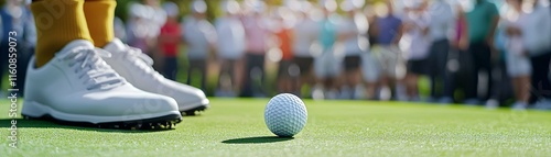 Summer Sports Tournament. Golf shoes poised over a ball, surrounded by an attentive crowd on a sunny day.