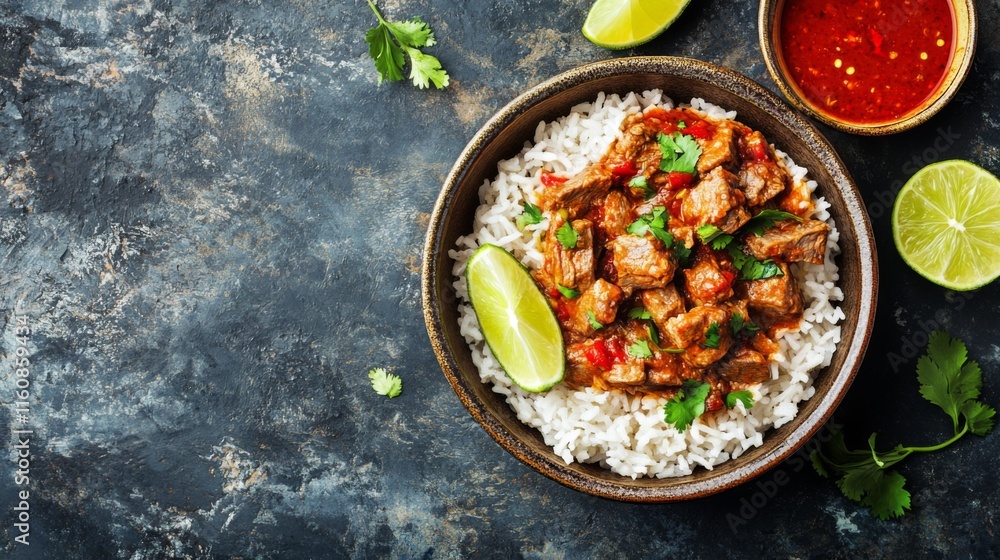 Flavorful beef stew with rice garnished with fresh herbs and lime Flavorful beef stew with rice garnished with fresh herbs and lime