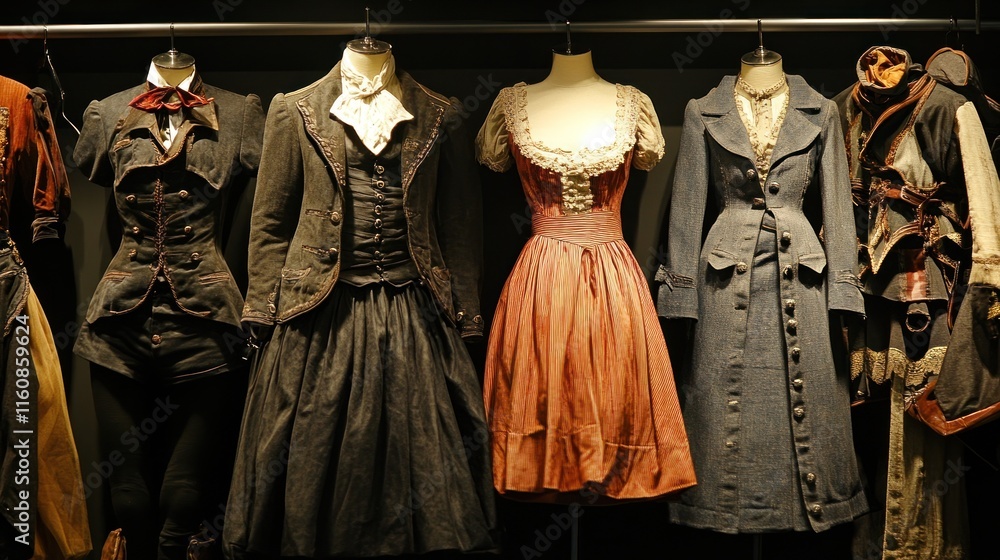 Obraz premium Collection of vintage women's costumes on display.