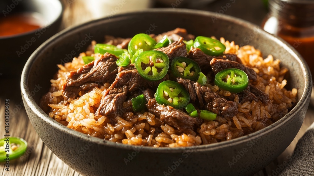 Savory Beef and Rice Bowl Topped with Fresh Green Slices Savory Beef and Rice Bowl Topped with Fresh Green Slices