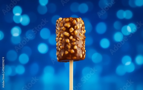 Chocolate covered nut bar on a vibrant blue bokeh background with golden caramel accents for an elegant and luxurious snack design photo